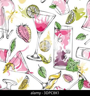 Rosafarbene Cocktails, Saft und Limonade, Milchshake mit Beeren, Zitrusschalen und Minzakzenten. Nahtloses Vektor-Muster Hand gezeichnet in Tinte für Textil Stock Vektor