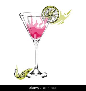 Cosmopolitan Martini, Erdbeere Daiquiri Glas Vektor, rosa rot mit Limettenrad Garnitur. Handgezeichnete Tintenumrandung. Glatte Verläufe und saubere Linien für Stock Vektor