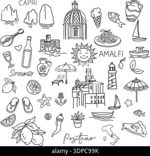 Capri, Sorrent, Positano, Amalfi. Vektor mediterrane Illustrationen der italienischen Küste. Doodle-Style Stock Vektor