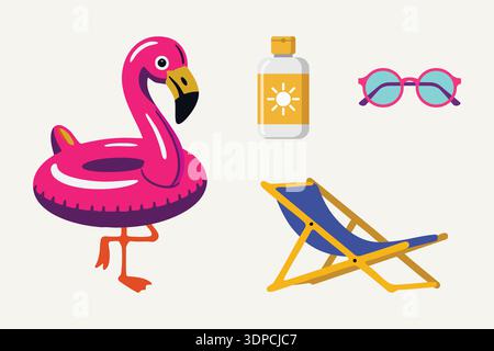 Eine helle und verspielte Illustration mit einem Flamingo-Schwimmbecken, einer Sonnenschutzflasche, einer Sonnenbrille und einem Klappstuhl Stock Vektor
