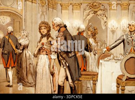 Erste Begegnung des Kronprinzen Friedrich Wilhelm von Preußen mit seiner späteren Braut, Prinzessin Louise, Frankfurt a. M., 1793, Louise von Mecklenburg-Strelitz, 1776–1810, Königin von Preußen, historisches Gemälde von W. Friedrich Stockfoto