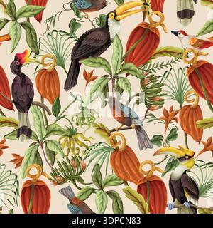 Tropische Blumenvögel nahtloses Muster mit exotischer Dschungel-botanischer Illustration Vintage Stock Vektor