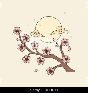 Japanischer Kirschblütenzweig mit Vollmond und Wolken in Pastellfarben Stock Vektor