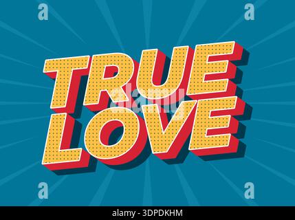 Ein auffälliger 3D-Text mit echter Liebe in Gelb mit rotem Schatten auf blauem radialem Hintergrund Stock Vektor