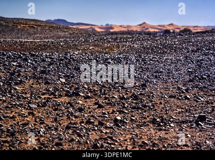 Das raue hammada-Gelände füllt den Vordergrund. Dunkel bedeckt. Eckige Steine. Kontraste mit weichem Design. Verschwommene orange Sanddünen von Erg chebbi Risin Stockfoto