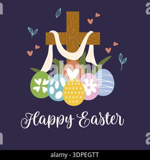 Happy Easter Day Christian Cross und dekorierte Eier auf dunklem lila Hintergrund. Vektorabbildung Stock Vektor