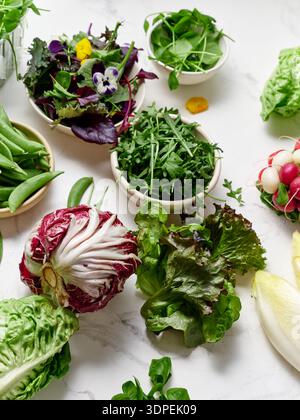Frische Salate und Gemüse werden auf einer Marmorarbeitsfläche angeordnet. Verschiedene Arten von Gemüse und farbenfrohe Beilagen sind bereit für die Zubereitung und e der Mahlzeiten Stockfoto