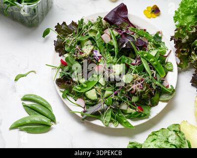 Ein Teller enthält einen Frühlingssalat aus frischem Salat, grünen Erbsen, Gurken und Rettichen. Diese Mahlzeit ist eine gesunde vegane Mittagsoption. Die Ansicht ist von Stockfoto
