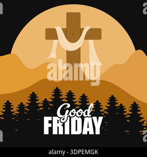 Karfreitagsgruß Illustration mit einem Holzkreuz mit weißem Tuch auf einem Berggipfel mit Kiefernbaumsilhouetten vor einer großen Sonnenuntergangssonne. Stock Vektor