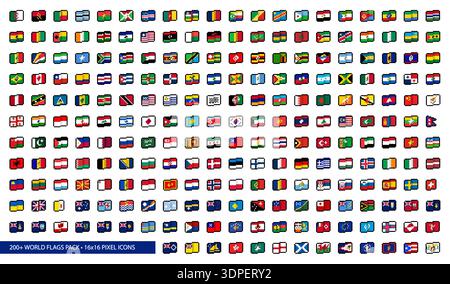 World Flags Pixel Art Symbolsatz. Mehr als 200 Vektor-Icons 16x16 Sammlung für Spiele und UI. Vereinfachte, abstrakte Pixeldarstellungen von Flaggendesigns 2026. Stock Vektor