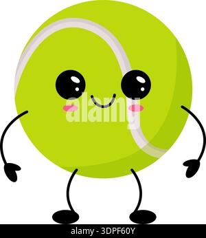 Niedliche Tennisballfigur mit lächelndem Gesicht, verspieltes Cartoon-Maskottchen mit winzigen Armen und Beinen, rosa Wangen und glänzenden Augen, schlichter flacher Stil, helles Limettengrün Stock Vektor