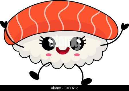 Niedlicher Lachs-Sushi-Charakter, der mit strahlenden Augen tanzt, Reisbasis, winzigen Armen, winzigen Beinen, rosa Röte, flach, weißer Hintergrund, Stock Vektor