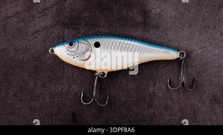 Warschau, Polen, 14. Februar 2026. Dieser blau-weiße Rapala Wobbler mit Haken und Ködern liegt auf einer rustikalen Oberfläche und ist bereit für das nächste Angeln Stockfoto