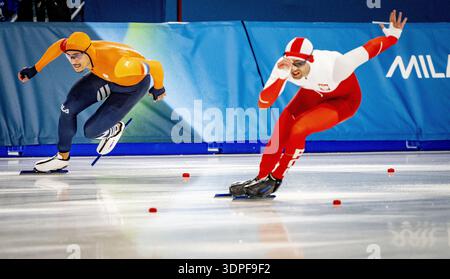 MAILAND - Sebas Diniz in Aktion in der 500 Meter langen Langseilbahn des Speedskating-Finales der Herren Milano Speedskating Stadium Olympische Winterspiele Mailand Cortina 2026 ROBIN UTRECHT /ANP niederlande aus - belgien aus Stockfoto