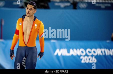 MAILAND - Sebas Diniz in Aktion in der 500 Meter langen Langseilbahn des Speedskating-Finales der Herren Milano Speedskating Stadium Olympische Winterspiele Mailand Cortina 2026 ROBIN UTRECHT /ANP niederlande aus - belgien aus Stockfoto