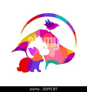 Logo der Tierklinik mit Silhouetten von Haustieren. Handgezeichnet. Nicht AI, Vektordarstellung. Stock Vektor