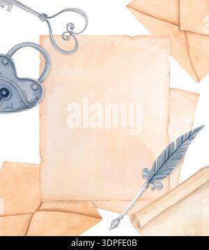 Antikes Liebesbrief-Arrangement mit Pergamentpapier, Umschlägen, Metallschloss und altem Schlüssel. Romantischer Valentinstag. Stockfoto