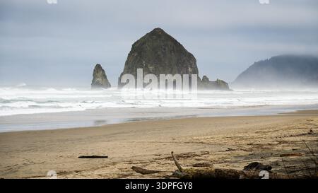 Heuhaufen Rock am Cannon Beach entlang der Pazifikküste in Oregon, während winterliche Wellen und Nebel Monolithen hinter dem einsamen Strand umgeben Stockfoto