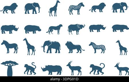 Schwarzer Vektor-Satz von Wild- und Nutztier-Silhouetten einschließlich Elefanten, Löwen, Hirsche, Pferd, Kuh, Hund, Katze, Bär, Tiger, Giraffe und Ziege Stock Vektor