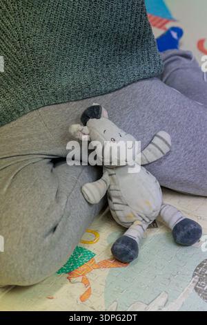 Eine Frau sitzt im Kreuz auf einer farbenfrohen Spielmatte und hält ein weiches Zebratier, was eine ruhige Pflege, sanftes Spielen und eine Pflege im eigenen Haus suggeriert Stockfoto