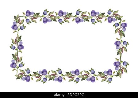 Rechteckiger Rahmen für Blaubeeren. Handgezeichnetes Aquarell isoliert auf weißem Hintergrund. Clipart. Erfect für Einladungen, Logodesign oder Lebensmittel Stockfoto
