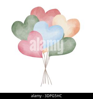 Sechs Herzballons in Pastellfarben, Pink, Blau, Grün, Pfirsichfarben. Handgezeichnet, Illustration isoliert auf weißem Hintergrund. Für romantische Karten, festliche Verpackungen und Partyeinladungen Stockfoto