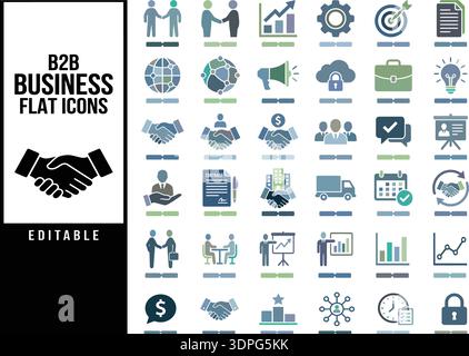 B2B Business Flat Icons editierbarer Vektorsatz, Partnerschaft, Handshake, Wachstumsdiagramm, Vertrags- und Corporate Management-Symbole Stock Vektor