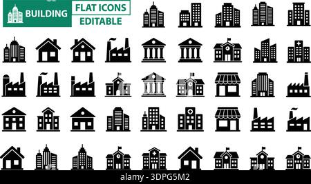 Gebäude flache Symbole editierbar Vektor-Set, Stadt Architektur Sammlung mit Haus, Schule, Krankenhaus, Büro und Fabrik Silhouette Symbole Stock Vektor
