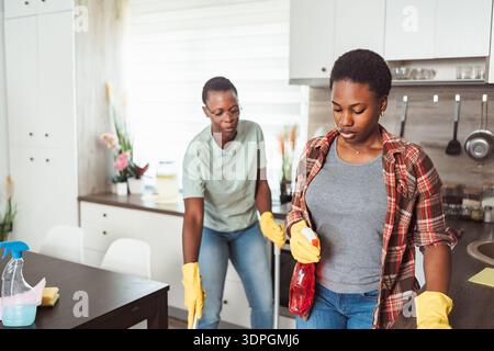 Zwei junge Frauen reinigen die Küche zusammen mit Reinigungsprodukten Stockfoto
