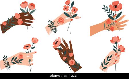 Minimalistische flache Vektor-Illustration der verschiedenen Hände, die Pfirsichblüten mit floralen Tattoos auf weiß halten Stock Vektor