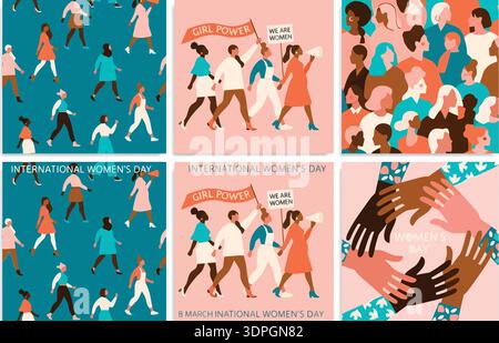 Verschiedene Frauen marschieren mit Empowerment-Bannern in einem flachen Vektor-Illustration Set für den Internationalen Frauentag Stock Vektor