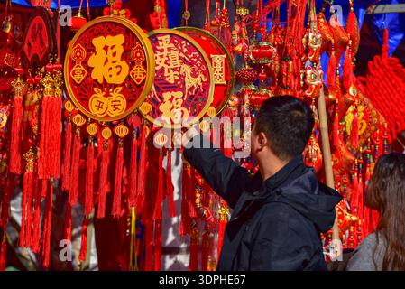Fuyang, China. Februar 2026. Ein Mann zeigt auf exquisit gestaltete Anhänger mit „Fu“-Charakter, um sie auf dem Spring Festival Shopping Market in Fuyang auszuwählen. Als wichtigstes traditionelles chinesisches Mondneujahr fällt das Frühlingsfest am 17. Februar dieses Jahres. Eine wichtige Tradition besteht darin, Frühlingsfest-Couplets und rote Laternen aufzuhängen, sowie andere festliche rote Dekorationen. Mit dem nahenden Festival wird die festliche Atmosphäre in den Städten immer lebendiger. (Foto: Sheldon Cooper/SOPA Images/SIPA USA) Credit: SIPA USA/Alamy Live News Stockfoto