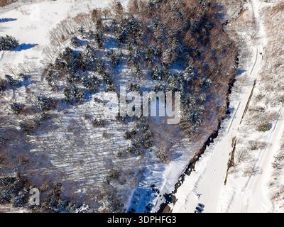 Luftaufnahme der Drohne auf den verschneiten Wald und den sich windenden Fluss in Nagano, Japan im Winter Stockfoto