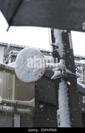 Nahaufnahme eines runden Verkehrsschildes, das vollständig mit dichtem Schnee bedeckt ist, auf einer Straße in Tokio Stockfoto