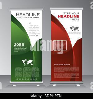 Rollbanner mit abstraktem, geometrischem Farbton. Grünes und rotes Standdesign, vertikales Banner, Stock Vektor
