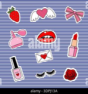 Modische Patch-Abzeichen mit Lippen, Herzen, süßem Mädchen und anderem Elem Stock Vektor