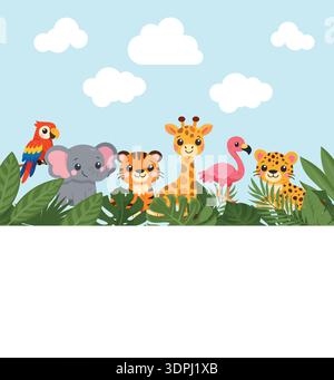 Hintergrund der Dschungeltiere. Tiger, Giraffe, Elefant, Papagei, Flamingo-Vektor-Banner Stock Vektor
