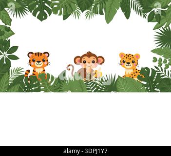 Süße Wildkatzen und Affengestell. Tiger, Leopard, Affendschungel Vektorrand mit Kopierraum Stock Vektor
