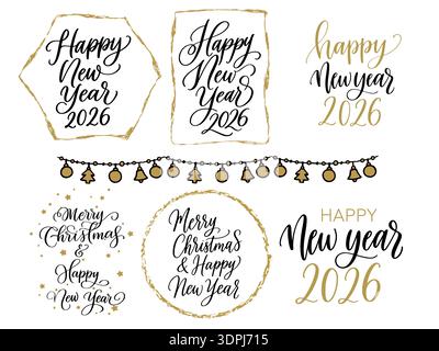 Vektor elegante Weihnachten und Neujahr 2026 Schriftzug in Gold und Schwarz. Festliche Kalligraphie-Designs, perfekt für Karten, Poster und Feiertagseinladungen Stock Vektor