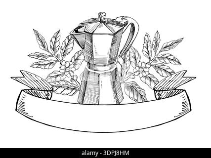 Eine Geysir-Kaffeemaschine mit einem Kaffeebaum und einem Schild. Realistische Vektor-Illustration zum Thema Kaffee für Menügestaltung, Innenräume des Cafés, Schilder Stock Vektor