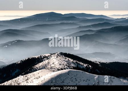 Panoramablick auf den Winter vom Chopok Gipfel über schneebedeckte Bergrücken der Niederen Tatra mit weichem atmosphärischem Dunst und mehrschichtigen Bergsilhouetten in Slova Stockfoto