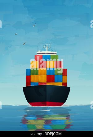 Vorderansicht eines Fracht-, Containerschiffs auf offener See. Seascape-Komposition, Hintergrund-Vektor-Illustration. Stock Vektor