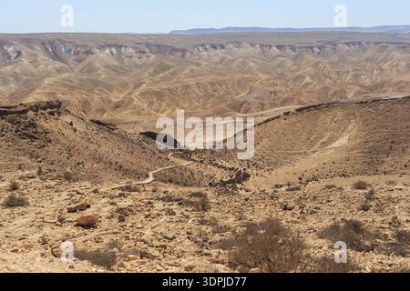 Dies ist ein Blick auf die Nahost-Negev-Wüste, die von zahlreichen Karsttiefen und Abschaum in Kalksteinfelsen gemeißelt wurde. Stockfoto