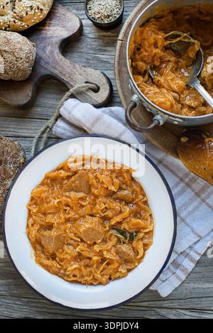 Szegedin Goulash mit Kohl und Fleisch. Traditioneller slowenischer Kohl-Eintopf mit Rindfleisch- und Schweinegulasch Stockfoto