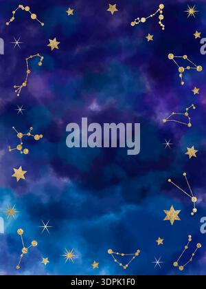 Nachthimmel-Vektor-Illustration mit goldenen Sternbildern und Sternen auf einem tiefen blauen kosmischen Hintergrund. Perfekt für Tierkreiszeichen, Astrologie oder Himmelsthemen Stock Vektor