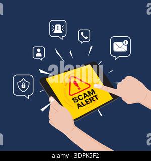 Hände, die das Tablet halten, mit Betrugswarnsymbol und Kommunikationssymbolen. Konzept der Betrugswarnung, Spam-Anrufe und Online-Sicherheit. Stock Vektor