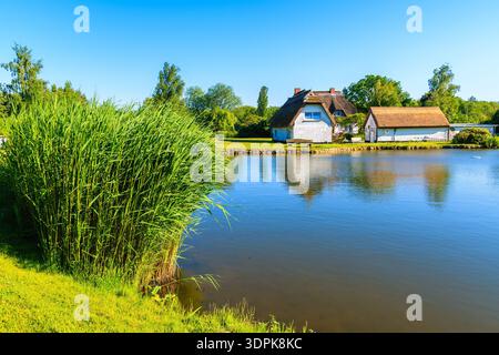 Typische Häuser mit Strohdächern am Seeufer nahe Goehren, Insel Rügen, Ostsee, Deutschland Stockfoto