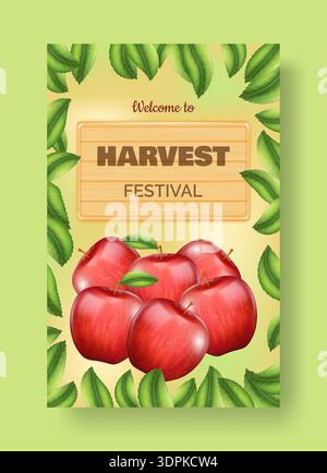 3D Äpfel. Flyer zum Erntefest. Reife Früchte. Baumblätter. Willkommenstafel aus Holz. Traditionelle Herbsteinladung. Gartenlaube. Naturpflanzenbau im Orchard. Saisonale Veranstaltung. Vektorbanner-Design Stock Vektor