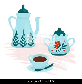 Keramik-Tee-Set mit Topf, Zuckerschale, Tasse. Porzellan in Pastelltönen mit Blumenmotiven, gemütlichem Heißgetränkeservice und elegantem Geschirr. Vektor-Cartoon flache Art isolierte Utensilienillustration Stock Vektor