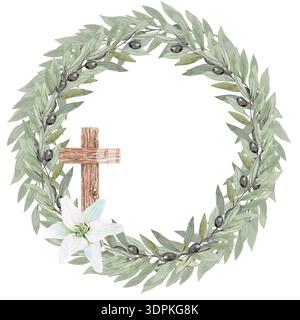 Aquarell-Olivenkranz mit Holzkreuz, weiße Lilie, handgemalte christliche Illustration isoliert auf hellem Hintergrund, Symbol des Glaubens, Auferstehung Stockfoto